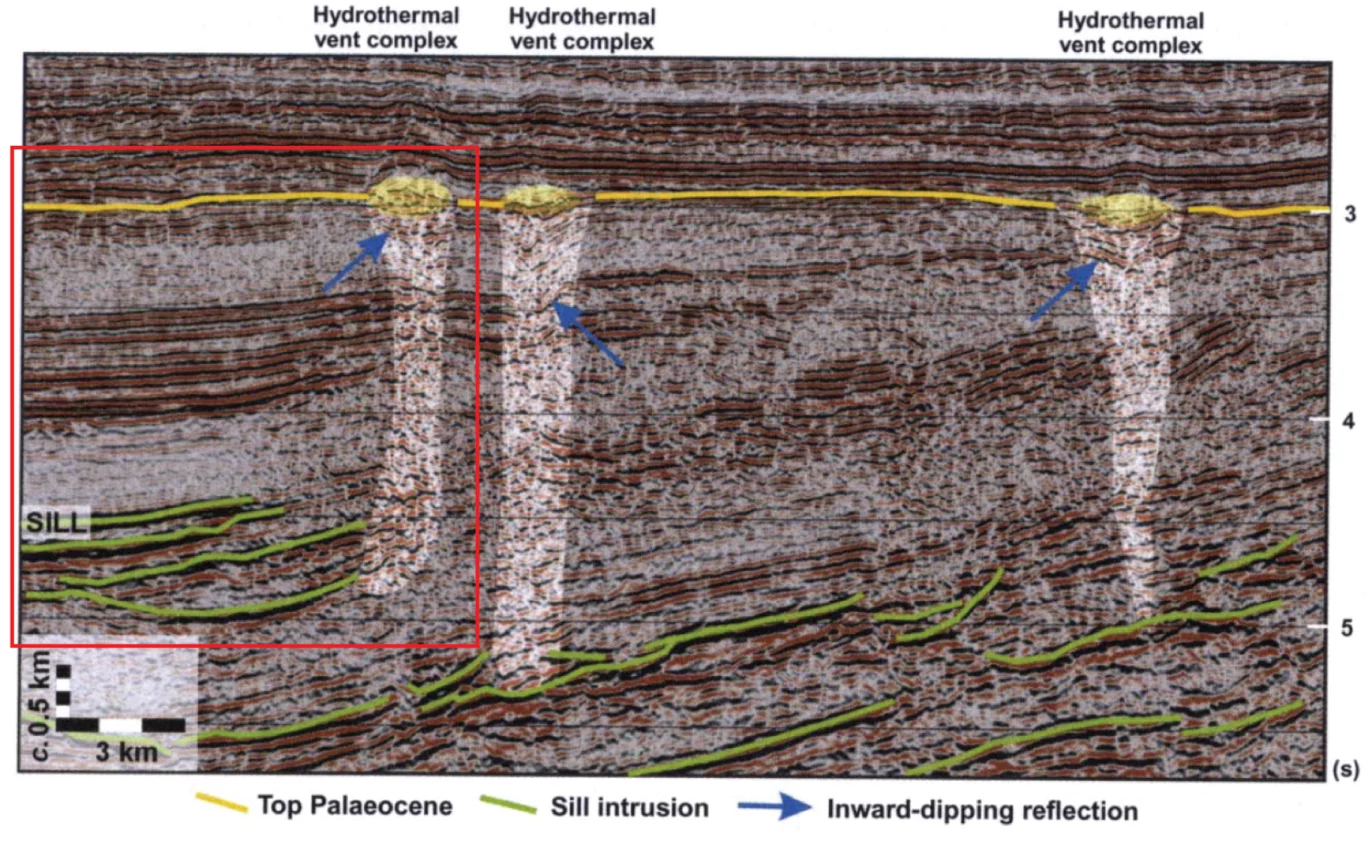 Seismic showing sill intrusions with associated hydrothermal vents